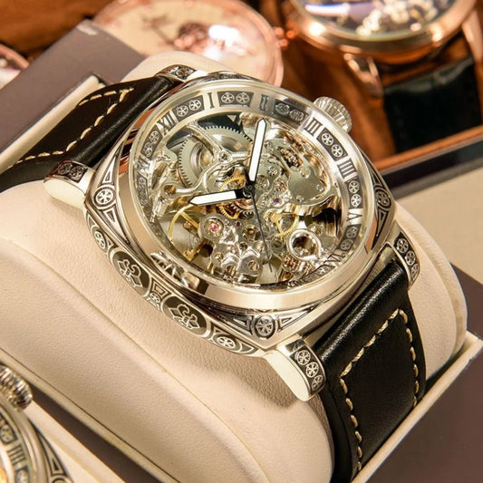 Men's Fully Automatic Mechanical Watch, Retro Carved Design with Fully Hollowed Out Back