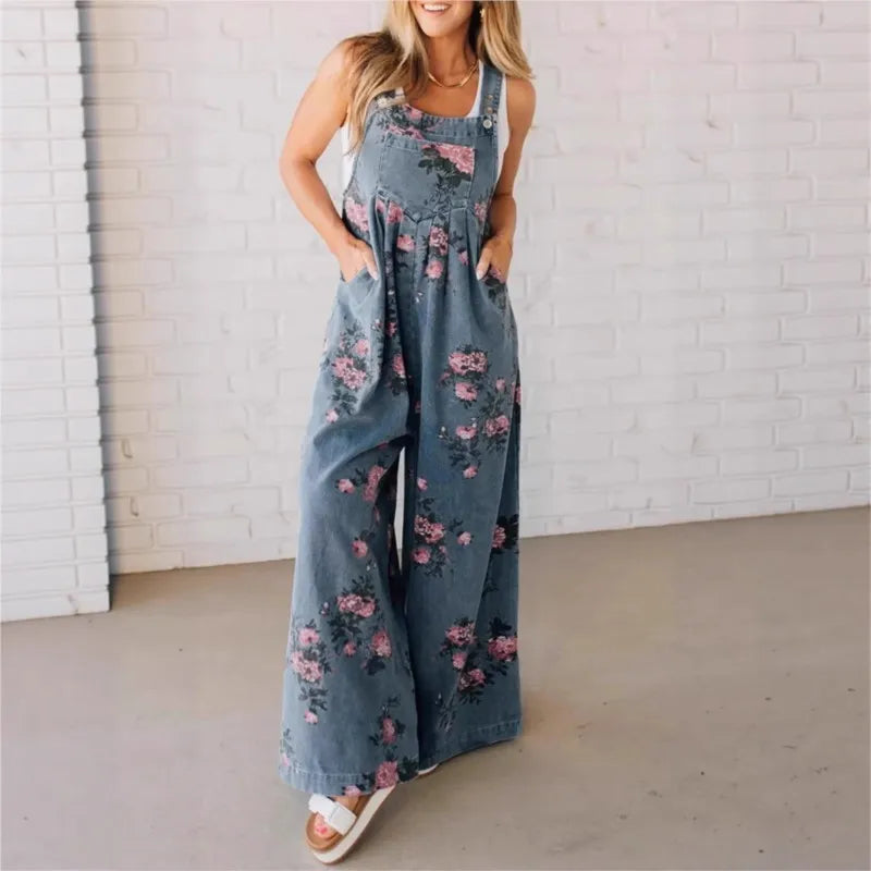 Women Jumpsuits Floral Printed Overalls Square Neck Sleeveless Rompers