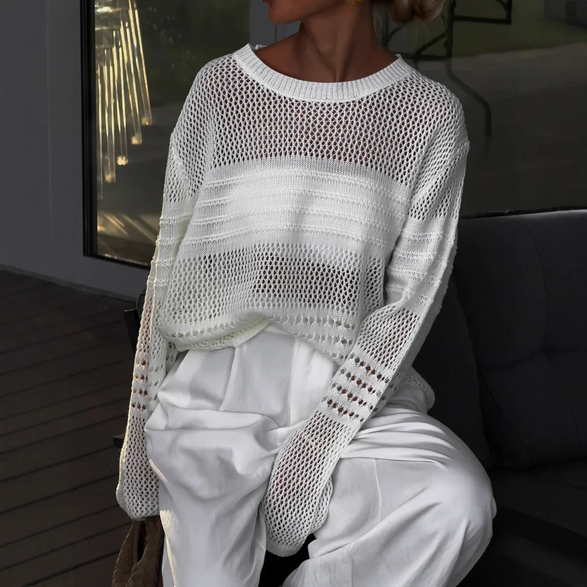Women's Knit Top Loose Fit Crochet See Through Blouse