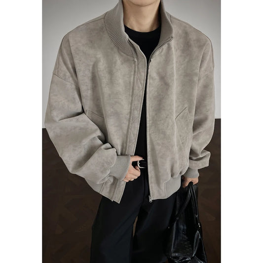 Vintage Tie-Dye Suede Jacket Men Bomber Jacket Oversized Boxy Fit Vintage Washed Texture