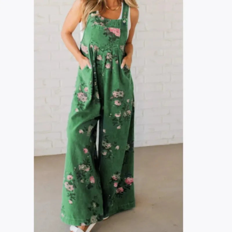 Women Jumpsuits Floral Printed Overalls Square Neck Sleeveless Rompers