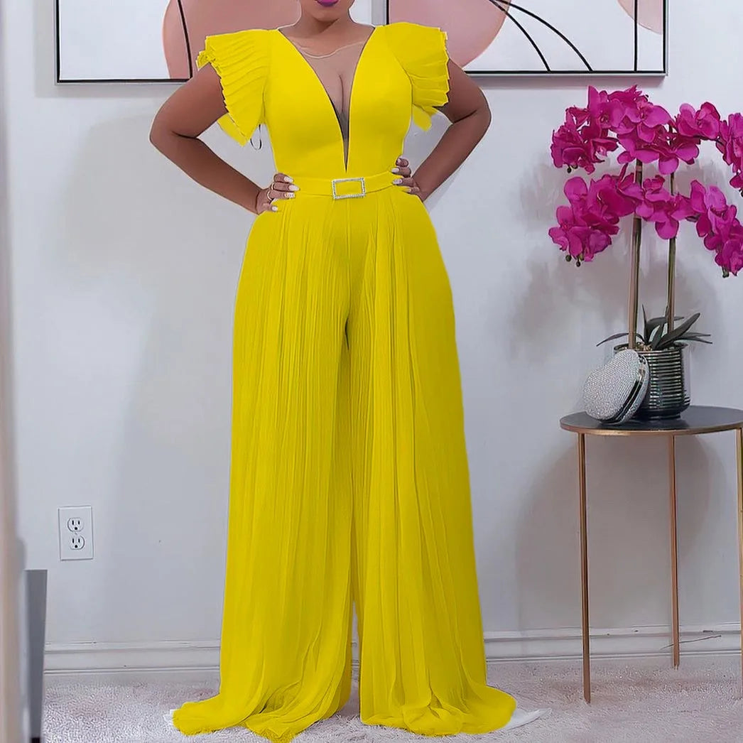 Pleated V neck Jumpsuit for ladies