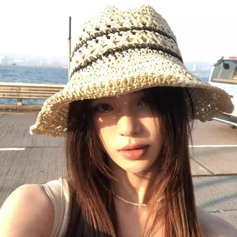 Ladies Floppy Straw Hats Wide Brim Beach Foldable Straw Sun Cap