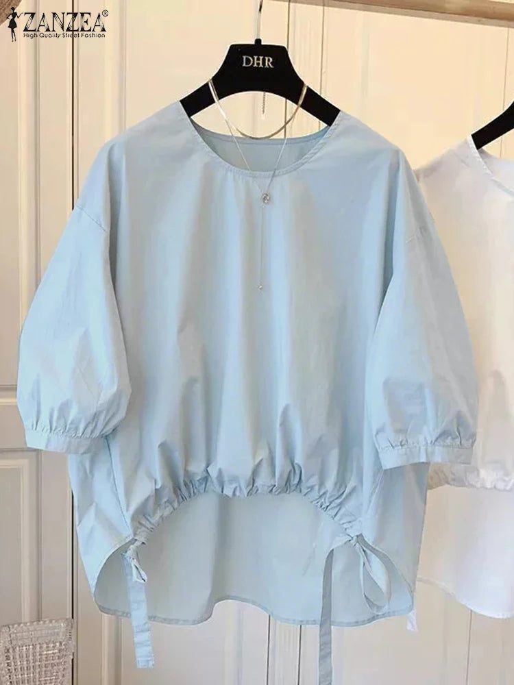 Women's High-Low White Blouses  O-Neck 3/4 Lantern Sleeve