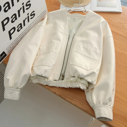 Women’s PU Leather Bomber Jacket — Elastic Hem Faux‑Leather