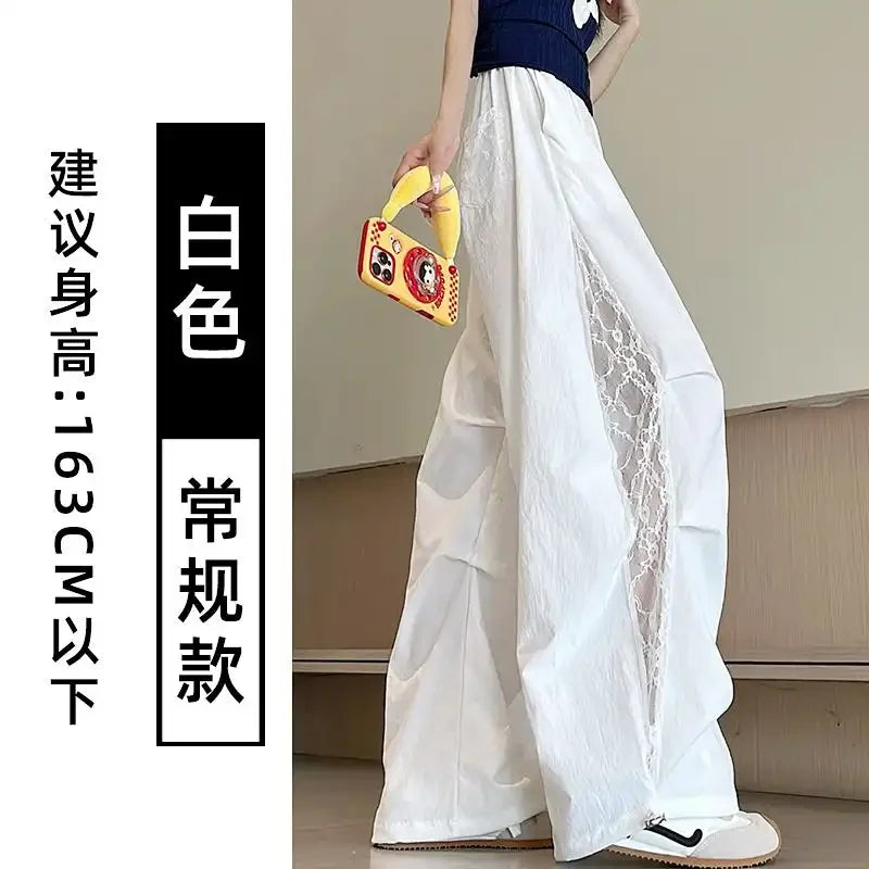 Wide Leg Pants  with Lace Side Panels Elastic Waist