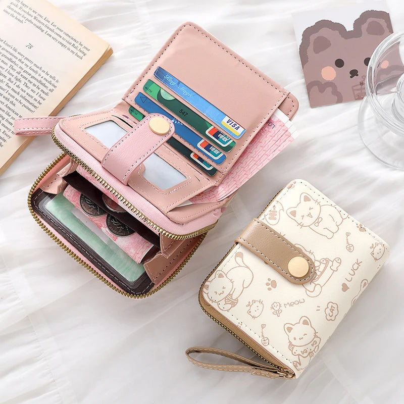 Cute Cat Wallets for Women Card Holder Small Purses with Zip Coin