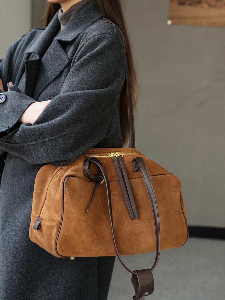 Women's Bowling Tote Bag Suede Leather Handbag Top Grain Leather Single Shoulder Underarm Bag
