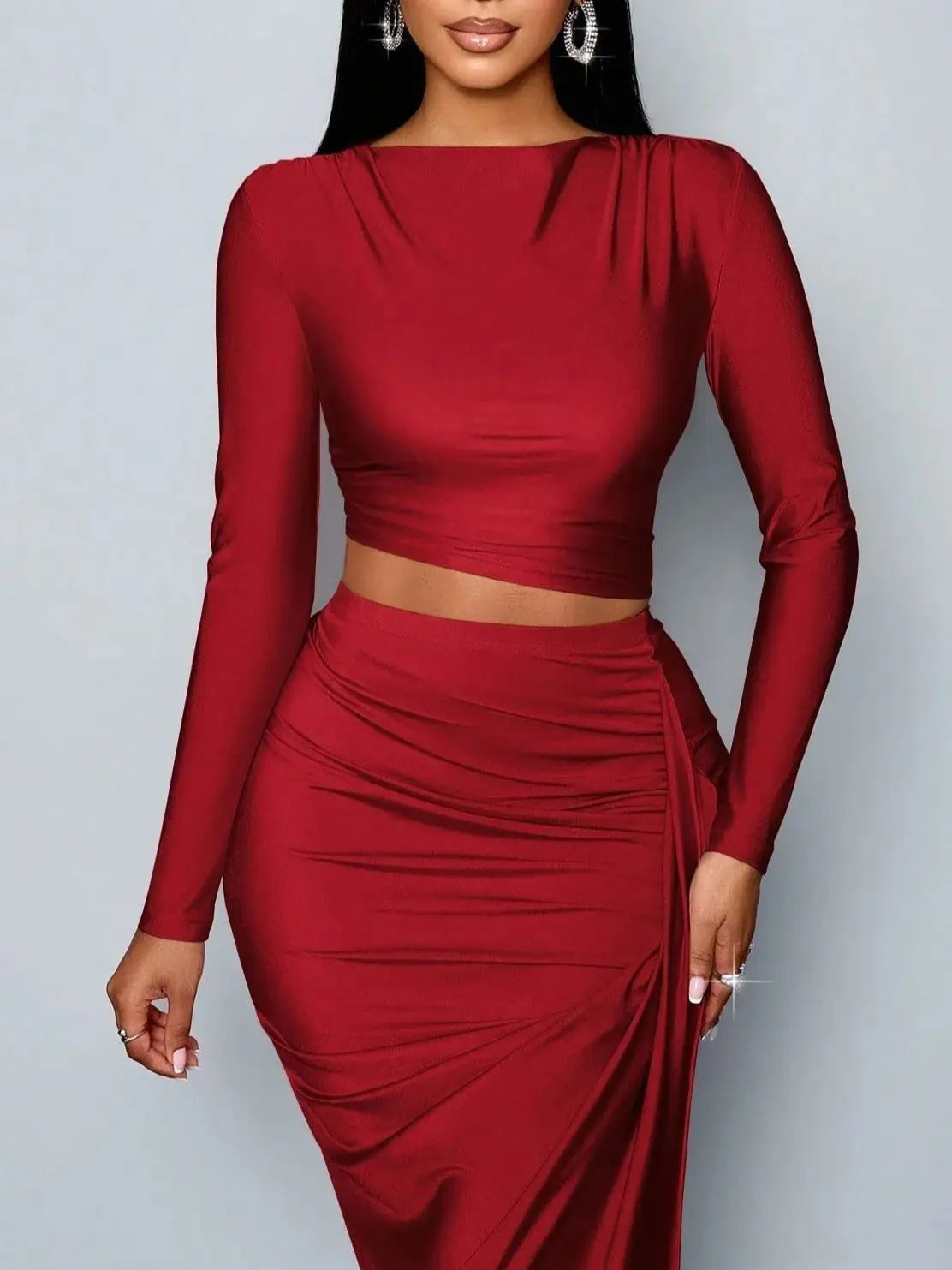 Women's Two-piece Set: Solid Color Elegant Leisure Long-sleeve T-shirt and Fitted Pleated Side set