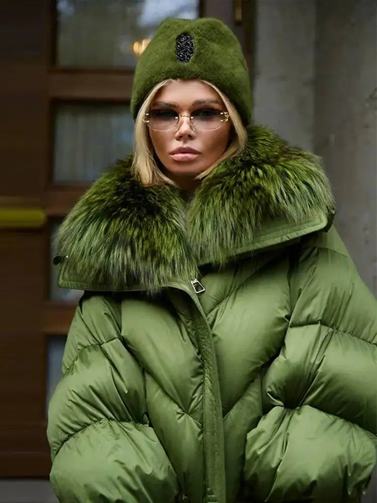 Women's Green Fur Collar Quilted Coats Loose Lady Warm Jackets