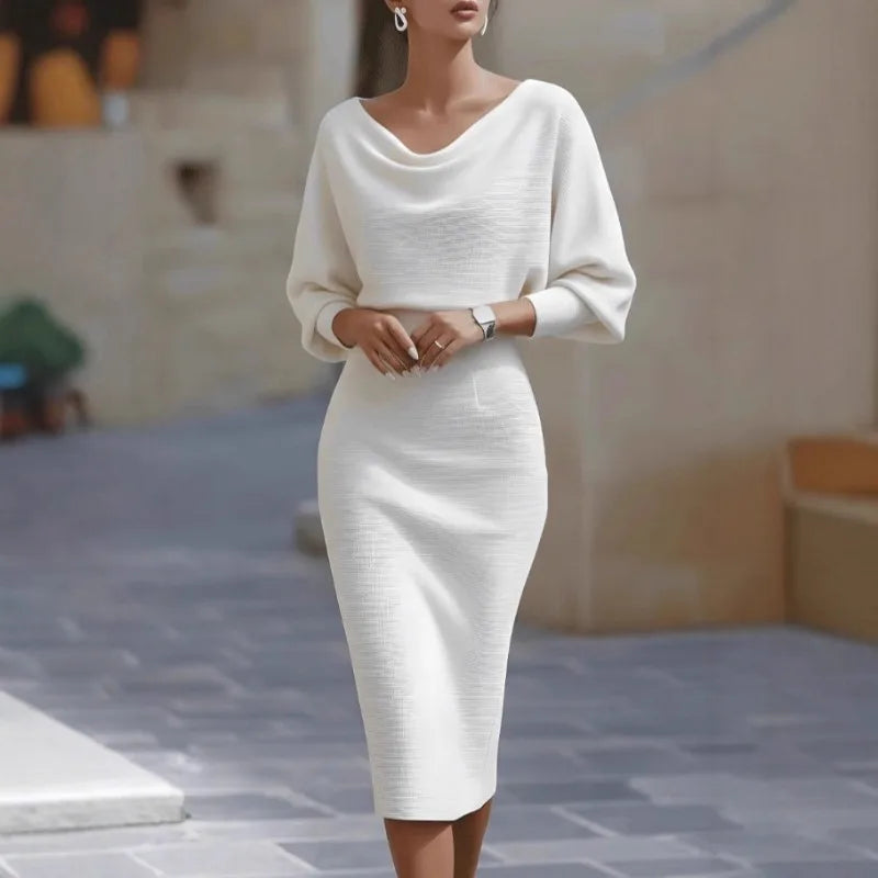 Batwing-sleeve Solid-colour Dress, Round-neck Slit-hem Fitted Midi Skirt