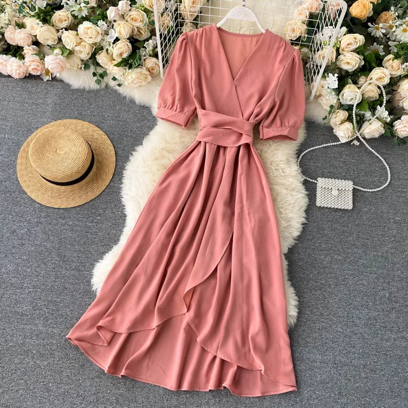 New Temperament V-neck Solid Color Bubble Short-sleeved Dress