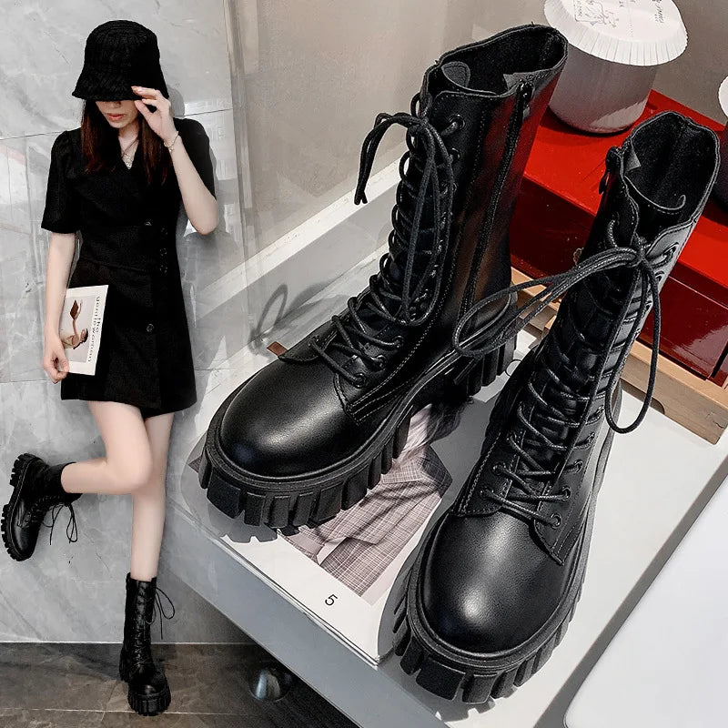 Women's  Boots  Thick Bottom Side Zipper Tie Lace  Warm round Toe Mid-Calf Boots