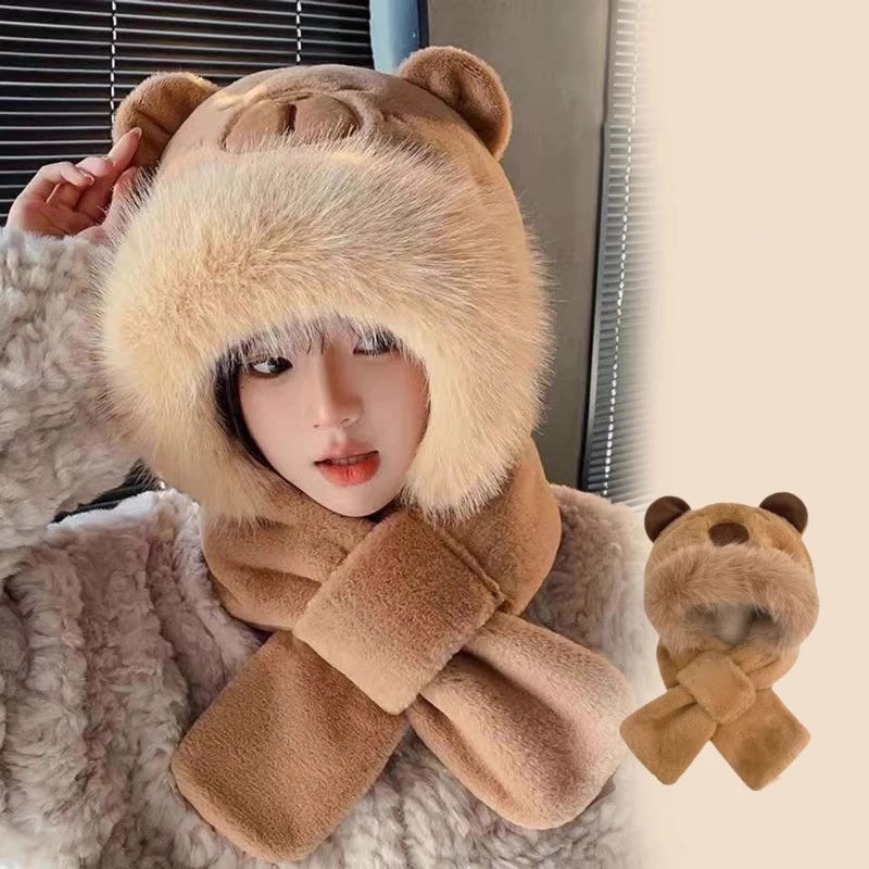 Capybara Hat Ear Protection Soft Furry Scarf