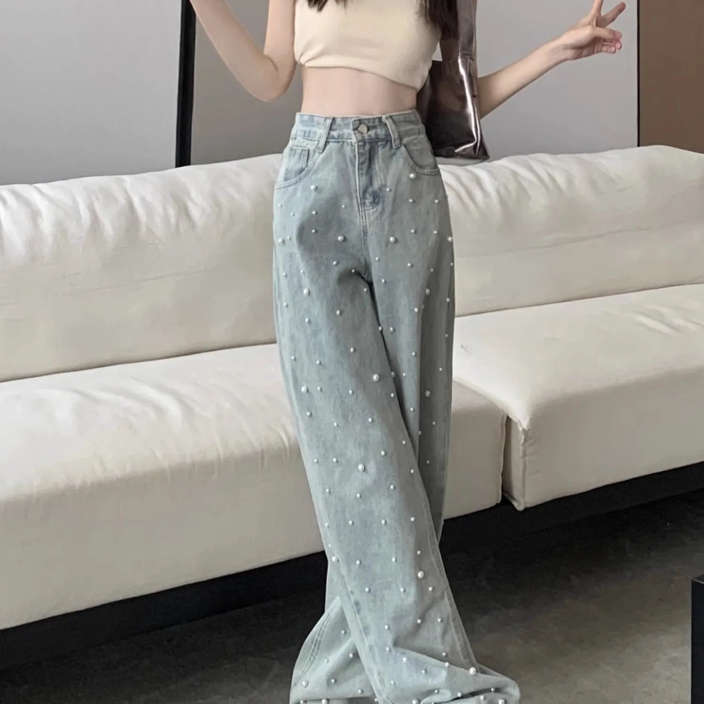 Women's Jeans High Waist Straight Blue Beaded Pearls Denim Pants