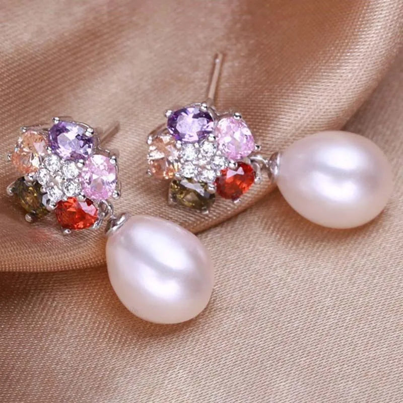 multicolour Zircon Sterling Silver Real Natural Pearl Earrings For Women's