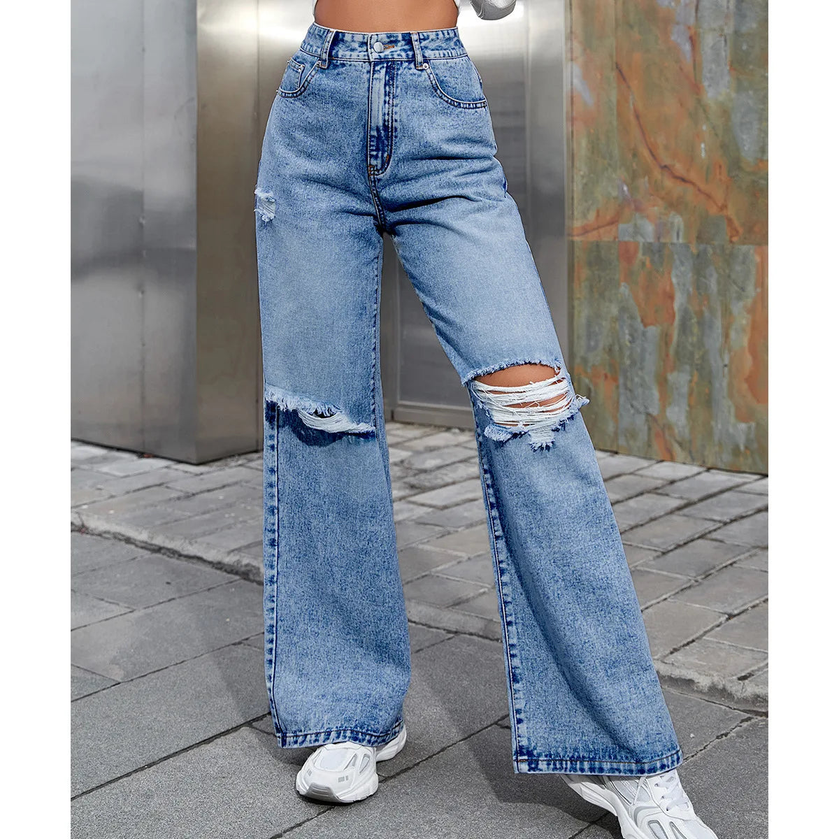 Women's Fashion Ripped High Waist Wide Leg Casual  Boyfriend