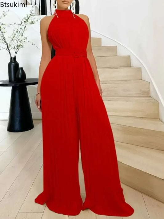 Fashion Jumpsuits Sleeveless Sexy Casual Wide Leg Pleated Rompers