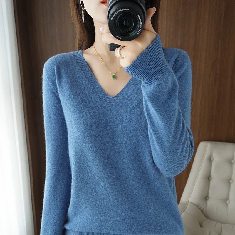 Women's Sweater  Knitted Pullovers V-neck Slim Fit Bottoming Shirt