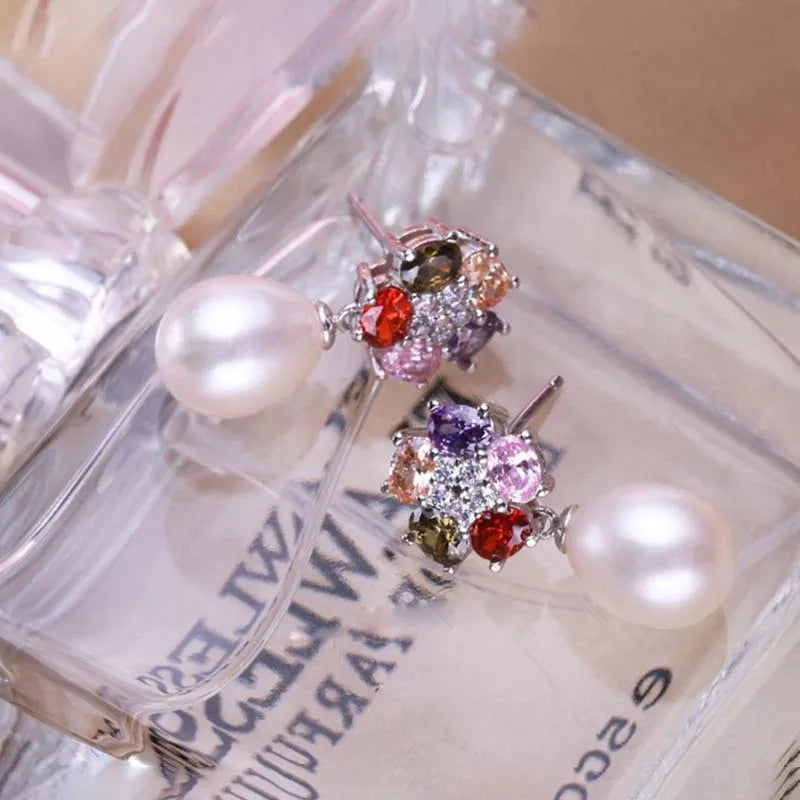 multicolour Zircon Sterling Silver Real Natural Pearl Earrings For Women's