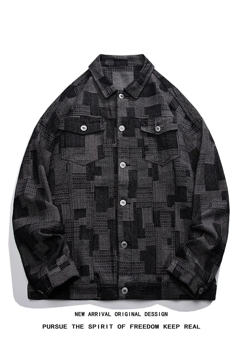 denim jacket man coat Vintage Loose Denim Jacket with Grid Pattern