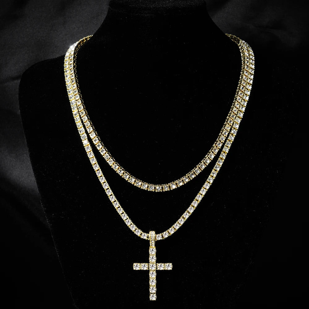 Hip Hop Iced Out Cross Pendant Necklace Strap 4mm Zircon