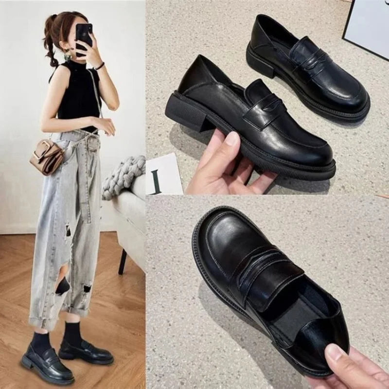2026 New Women's Black Platform Loafers, Comfortable Thick Sole Casual Shoes, Classic Slip On Leather Loafers for Women