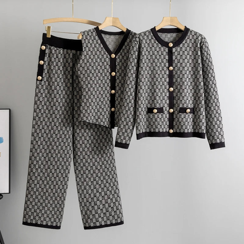 Knited 3 Piece Sets Elegant Women Long Sleeve Sweater Coat