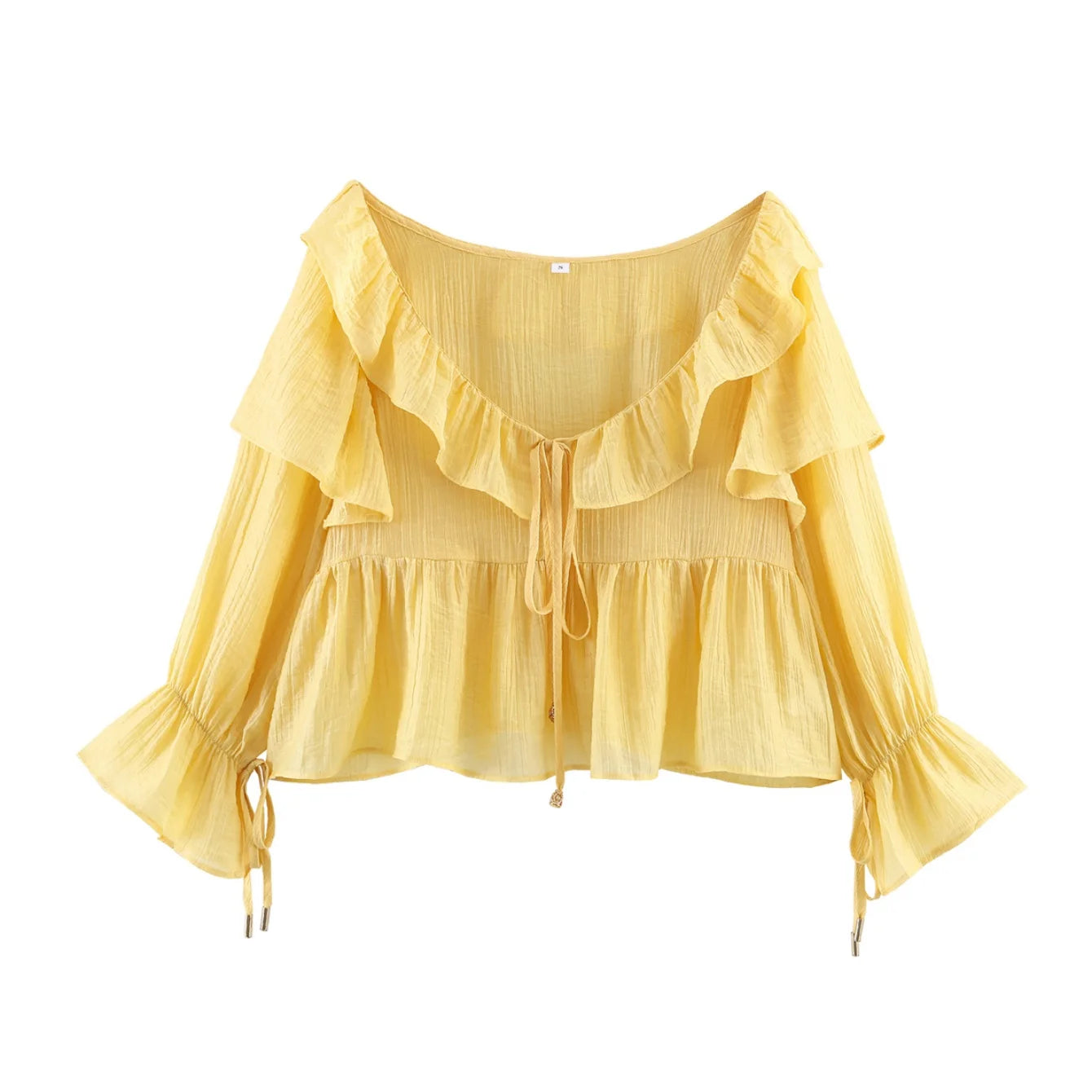 Women's Yellow Blouses Vintage Solid Cascading Ruffle Bow Lace-Up