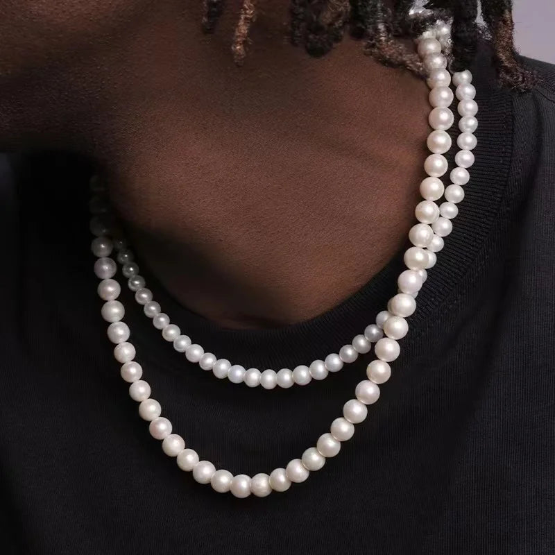 Pearl Necklace Men Simple Handmade Strand Bead Necklace