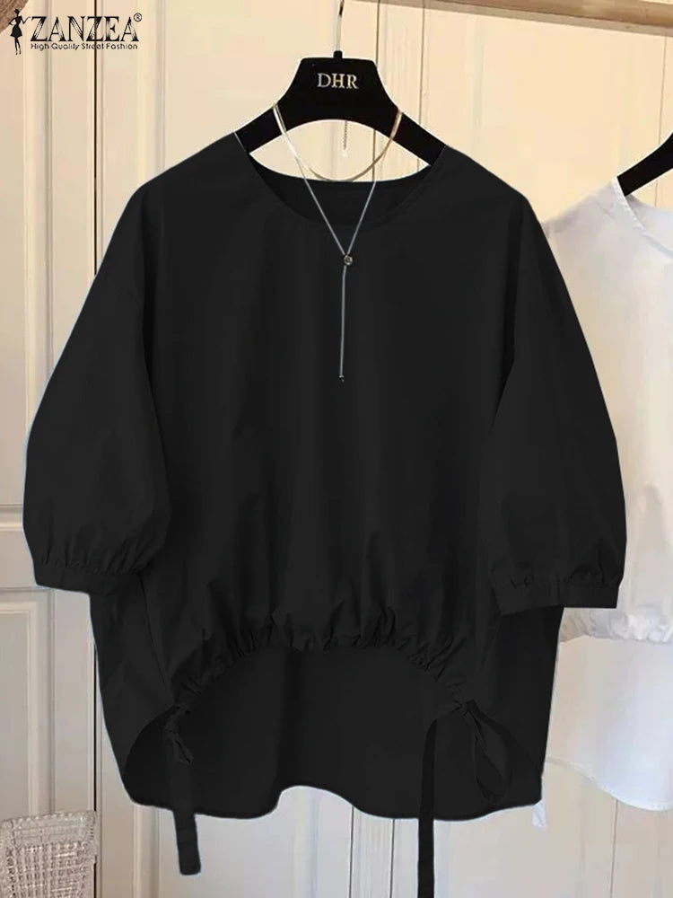 Women's High-Low White Blouses  O-Neck 3/4 Lantern Sleeve