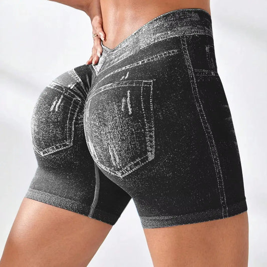 Women V back Shorts Faux Jeans Elastic Workout Pants Butt Lifting