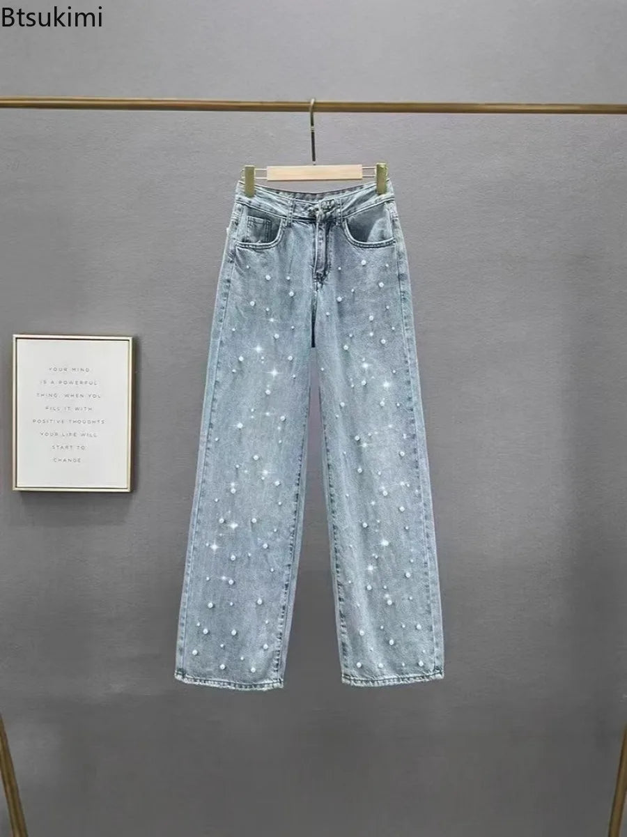 Women's Jeans Pants Beading High Waist Straight Pants