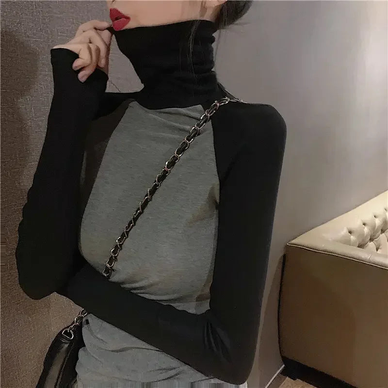 Women T-Shirts Women's Turtleneck Spring and Autumn Slim Fit Demon Long-Sleeved Red T-shirt Top Crop Top Mujer Camisetas