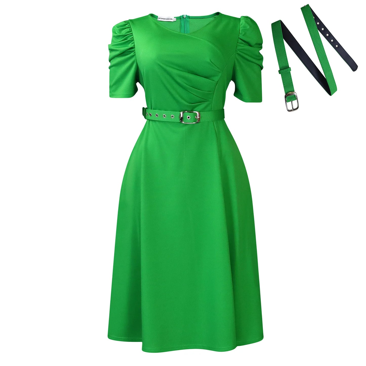 V Neck Short Sleeve Belt Waisted Pleated Party Dress
