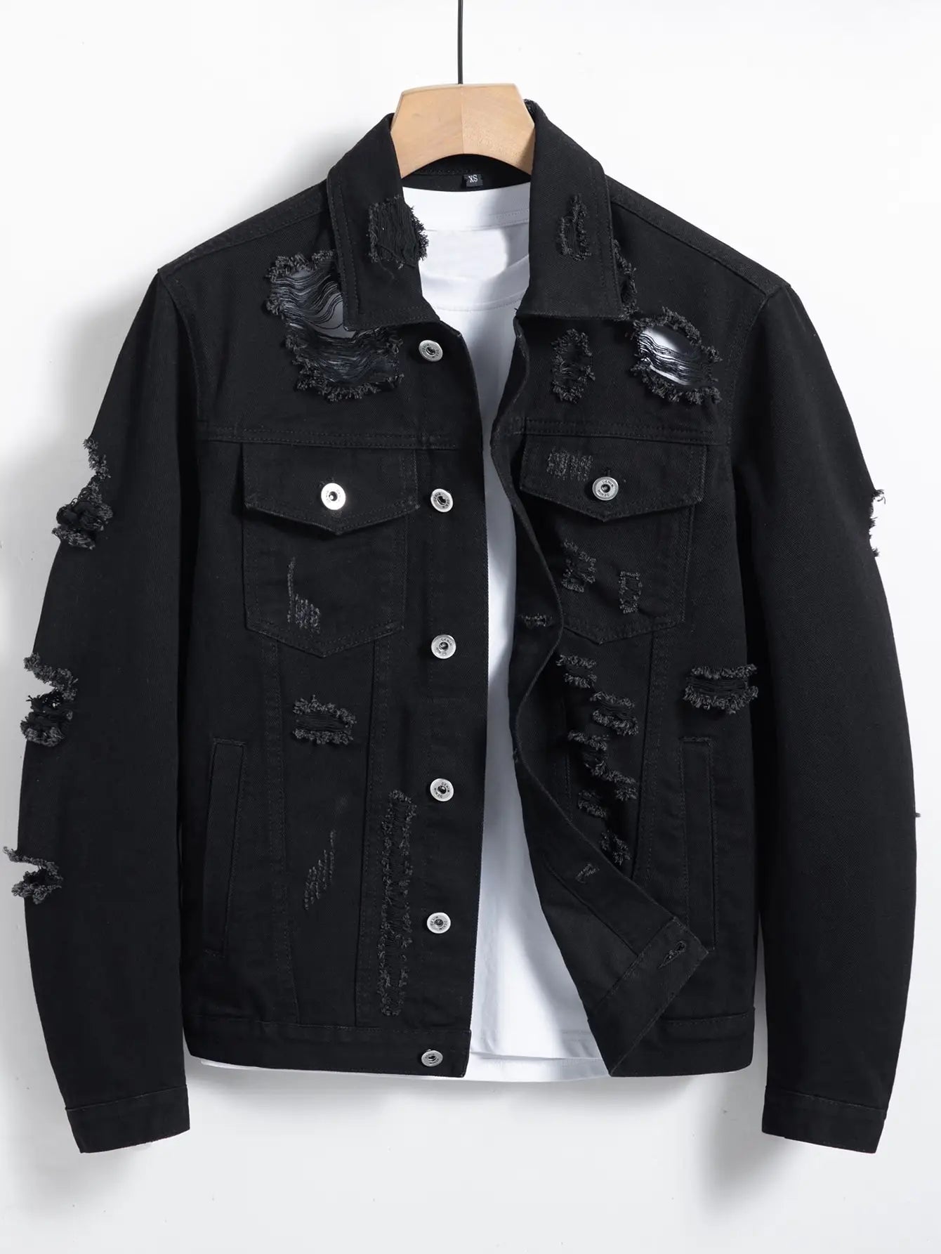Men's denim jacket for spring and autumn. Black ripped jacket.