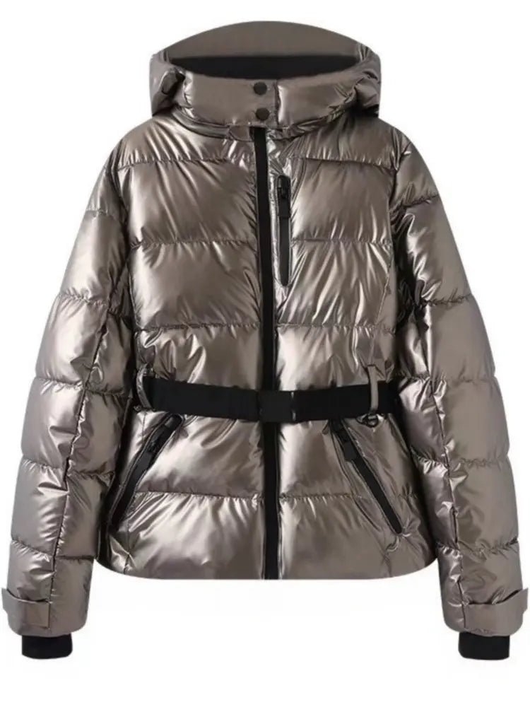 Women's Winter Hooded High Waist Padded Sport Parkas Coats with Belt
