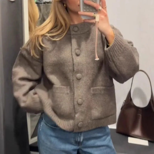 Casual and Comfortable, Single-Breasted, Round Neck, Double Pocket Loose Fit Top