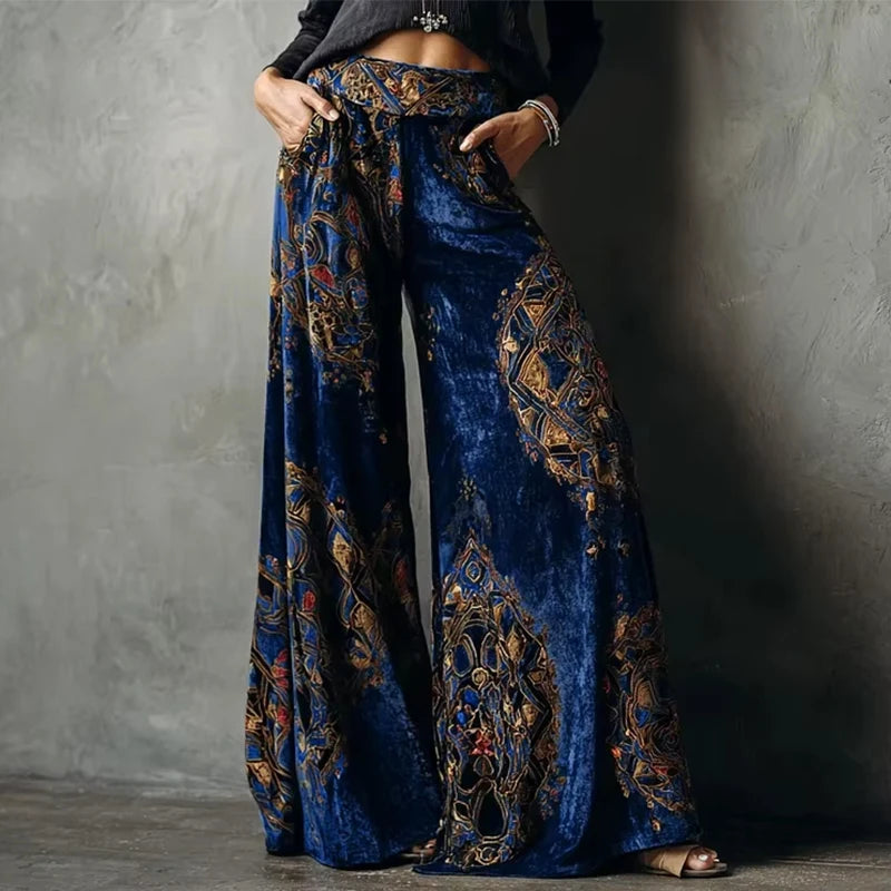 Women's Wide Leg Retro Ethnic Print Velvet Trousers