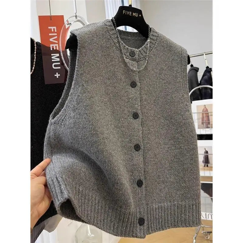 Women Sweater Vests Casual Loose Basics Solid Buttons Knitwear Sleeveless