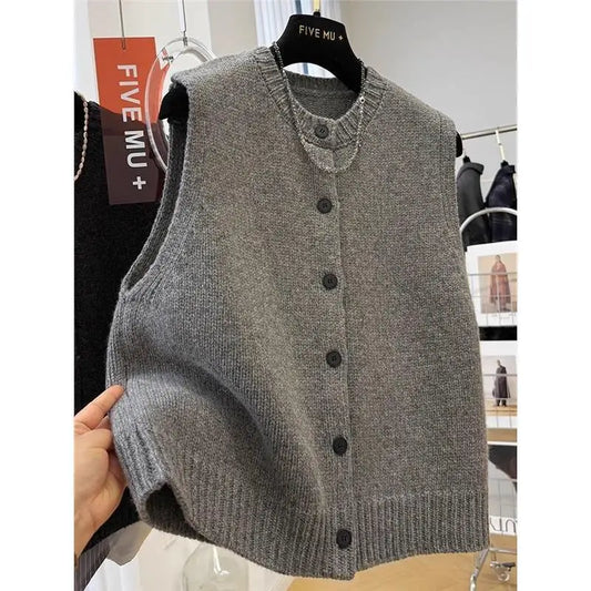 Women Sweater Vests Casual Loose Basics Solid Buttons Knitwear Sleeveless