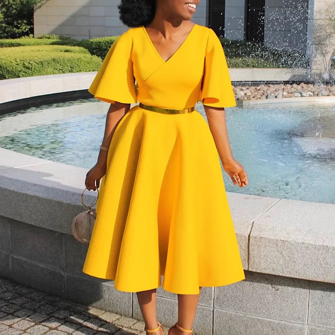 V Neck Flare Sleeve High Waisted Pleated A Line Mid Calf Luxury Dress