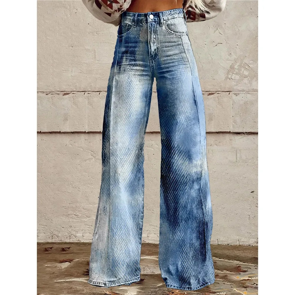 High Waisted Wide Leg Pants Artistic Ink Wash