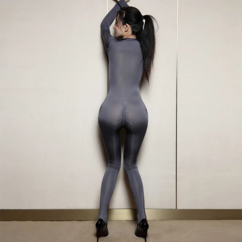 Oily Glossy Elastic Tights Zipper Open Crotch Full Body Jumpsuits