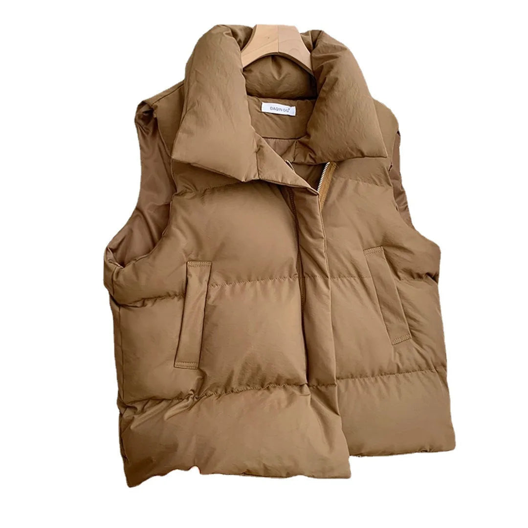 Stand Collar Elegant Down Coats Warm Outerwear Casual Belt Sleeveless Jackets
