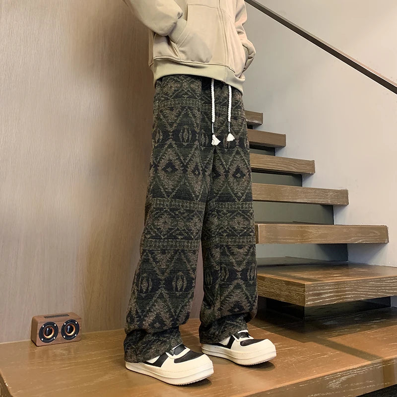 Wide leg pants Men's Vintage Geometric Knitted jacquard pants