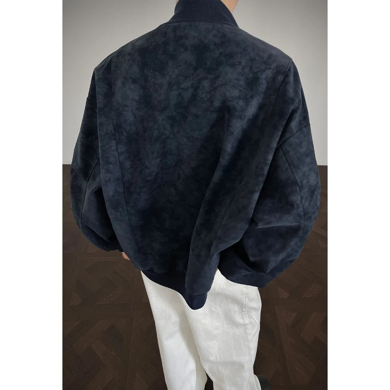 Vintage Tie-Dye Suede Jacket Men Bomber Jacket Oversized Boxy Fit Vintage Washed Texture