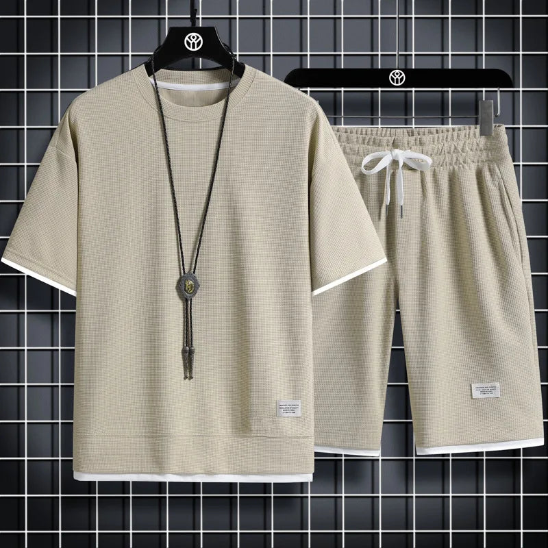 Men's Summer Waffle Set Brand Fashion Casual T-shirt