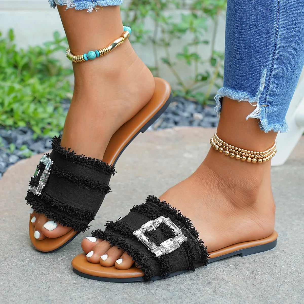 Women's Slippers Summer Sliding Metal Buckle Flat Shoes Fashion Sandals