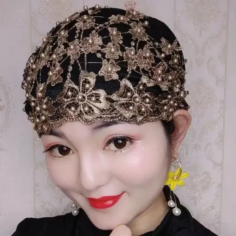 Ladies Personality Ethnic Beaded Hat Gauze Headscarf